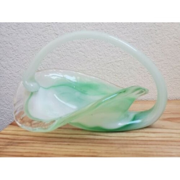 VTG Sooner Student Art Glass Bowl Basket Centerpiece Hand Blown White Green 9" - Picture 1 of 9